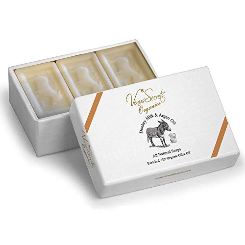 Venus Secrets - Pastilla de jabón natural con leche de burra y aceite de oliva ecológico, juego lujoso para regalo, paquete de 3 pastillas, 450 gr