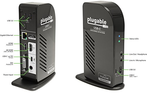 Plugable USB-C Docking-Station mit dreifacher Anzeige. Verfügt über Ladeunterstützung/Stromversorgung für spezifische Systeme mit Windows USB-C und Thunderbolt 3 (UK- und EU- Netzkabel enthalten) - 3