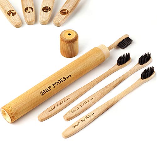 Brosse à dents en bambou 4 pièces avec étui de voyage - Brosse à dents manuelle avec manche en bois 100% bambou - Biodégradable, végétalien & sans BPA - Petite tête de brosse & poils mittelweiche