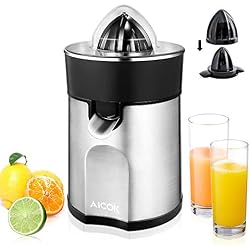 Aicok Presse-agrumes électrique en acier avec système anti-goutte flux Direct, presse-agrumes arrêt automatique pour oranges et kiwi, 85 W, argent