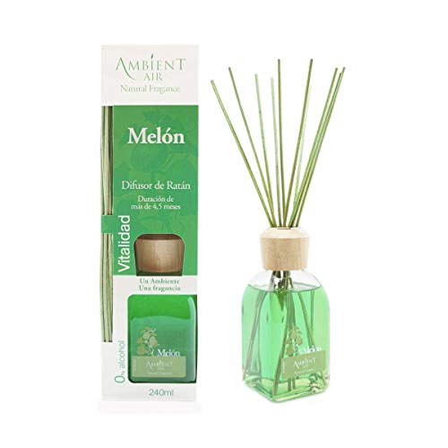 Ambientair Mikado Ambientador para Hogar, Aroma Melón, Cristal, Verde, 8 x 8 x 30 cm