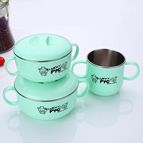 XHW 304 Stainless Steel Children 'S Bowl Double Drop Shatter-Resistant Drinking Cups Baby Food Bowl Baby Rice Bowl Children Cutlery Set,Green