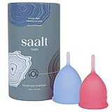 Saalt Menstrual Cup 2-Pack - Premium Design - Most Comfortable Period Cup - #1 Active Cup - Wear for 12 Hours - Soft, Flexible, Reusable Medical-Grade Silicone (Regular Blue/Small Pink)