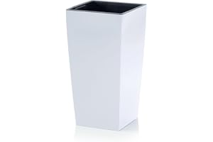 IMJ-Global Macetero para plantas y flores Durs H50 liso de interior exterior cuadrado alto blanco 26,6 litros 26,5 x 26,5 x 50 cm diseño moderno de plástico para balcón