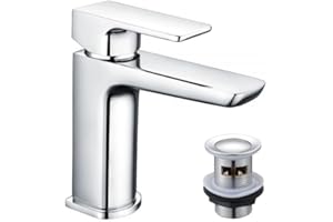 KINGBATH™ Single Lever Mini Mono Basin Mixer Tap with Click Clack Sprung Waste Bathroom Sink Hot and Cold Faucet Solid Brass Modern Chrome Plated Easy to Fit/Install