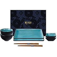 TOKYO design studio, Glassy Turquoise, Juego con 2 Platos + 2 Cuencos de Sauce rígida + 2 + 2 Palillos, 8 Piezas, Porcelana