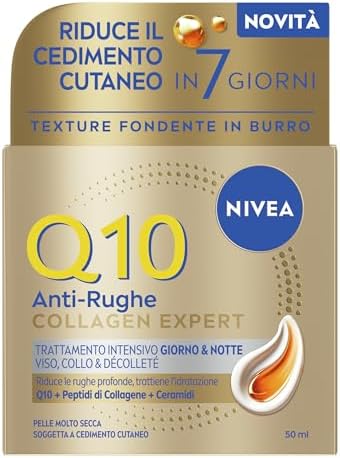 NIVEA Q10 Collagen Expert Trattamento Intensivo Giorno & Notte 50 ml, Crema Collagene viso, collo e dècolletè con Coenzima Q10, Crema antirughe viso idratante, Skincare per pelle molto secca e matura