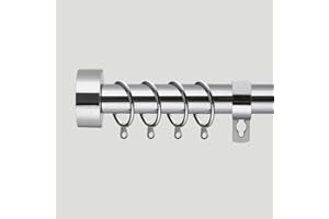 Home Treats Extendable Curtain Pole Flat Cap | Chrome Metal Curtain Pole Set 25mm | Includes Rings Finials Brackets & Fittings (40cm to 218cm, Flat End)
