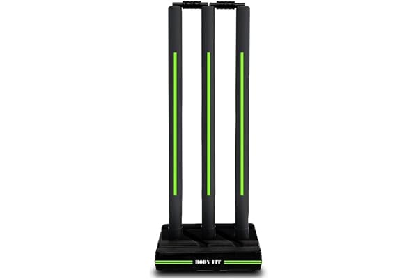 Bodyfit Heavy Black Cricket Stumps Plastic Wickets Set with 3 Stumps + 2 Bails + 1 Stand Full Size Wickets for Cricket Ground, Tournament Wicket, Black-Green.