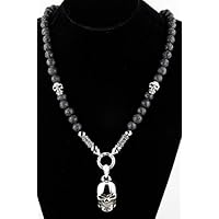 Halbedelstein Totenkopf Skull Halskette Rosenkranz Onyx, Herren Schmuck Männer schwarz Perlenkette Bikerschmuck Skull Edelstahl Gebetskette Geschenk Gothik Matt Lava Religion Handgemacht Handmade