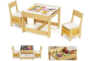 RELAX4LIFE 3 in 1 Tavolino e Sedie per Bambini in Legno, Tavolo con Piano Reversibile (Lavagna/Bianco), 2 Sedie con Cassetti, Tavolo Bambini con Sedie per Gioco/Studio (Na+Giallo,62 x 62 x 48,5 cm)