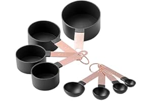 Eidoct Lot de 8 tasses et cuillères à mesurer empilables avec poignée en acier inoxydable et entonnoir pliable en silicone (noir)