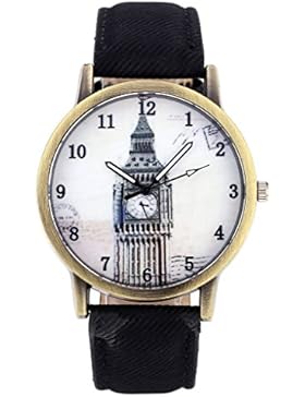 JSDDE Uhren,Vintage London Big Ben Armbanduhr Bronze Gehäuse Damen Uhren Denim-Gewebe-Lederband Analog-Quarz-Uhr...