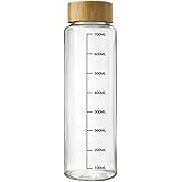 Promosyonca H₂O Fit Cam Su Şişesi, 700 ml, Bambu Kapaklı, Motivasyonel Zaman &Ccedil;izelgeli, G&uuml;nl&uuml;k Su T&uuml;ketim Takipli