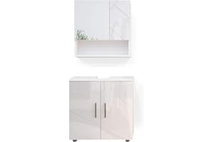 ‎VICCO Vicco Badmöbel-Set Weiß Hochglanz Irma, bestehend aus Bad Spiegelschrank, Waschbeckenunterschrank - Versteckter Stauraum hinter eleganten Türen