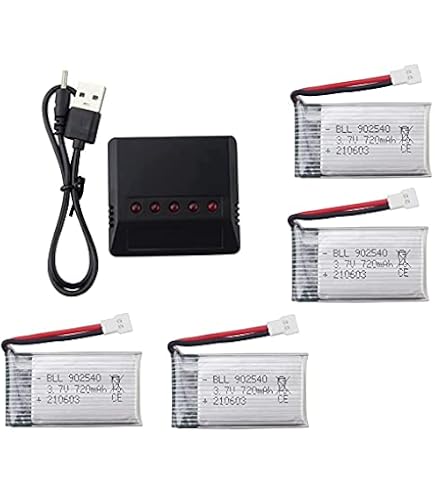 Kit 4 Batteries LiPo 3.7V 380mAh 25C Pour Drones Hubsan X4, H107, V252 - Chargeur Inclus - Dimensions 38x20x8 Mm - Parfait Pour Prolonger Le Temps De Vol - 4