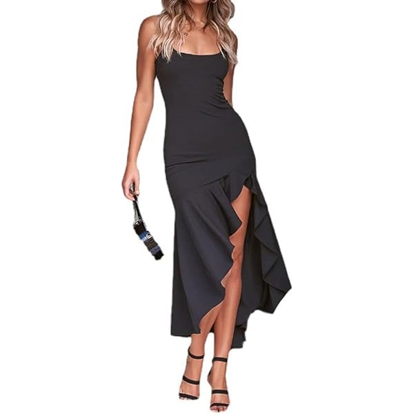 Robe Longue Femme Hanaoops - Bodycon Dos Nu - Fente Haute Volants - Coton/Élasthanne - Cocktail/Plage