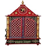 Wooden Home Temple with LED Bulb and Free Pooja Thali, God Photo Frame