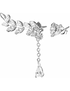 LDUDU® Asymmetrische Ohrringe mit Blatt Design Zirkon Cubic Silber 925 Damen Ohrstecker Geschenk für Geburtstag...