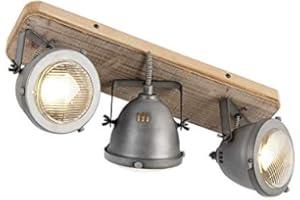 Qazqa Plafón industrial acero madera inclinable 3-luces - EMADO/Acero Alargada Adecuado para LED Max. 3 x 25 Watt