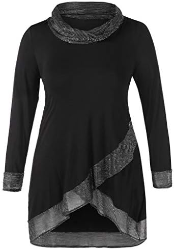 Womens Patchwork Blouse Plus Size Cowl Neck Metallic Thread Shirt Asymmetric Pullover Jumper Top T-Shirt Tops