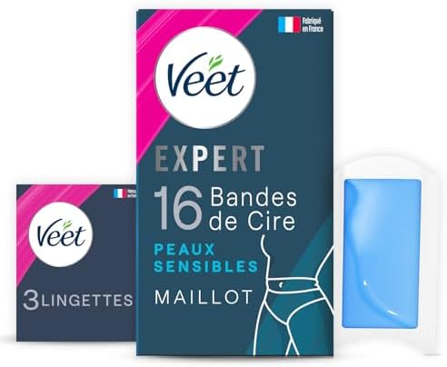 Veet EXPERT - 16 strisce di cera fredda, maglia per pelli sensibili, finitura perfetta, depilazione a lunga durata