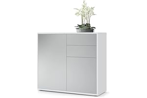 Vladon Sideboard Ben, Made in Germany, Kommode mit 2 Türen und 2 Schubladen, Weiß matt/Hellgrau Seidenmatt (79 x 74 x 36 cm)