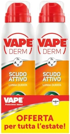 VAPE DERM SCUDO ATTIVO, Spray Antipuntura, Protezione di Lunga Durata Fino a 8 Ore, Contro Zanzare Comuni, Tigre, Tropicali, Tafani, Zecche, 2x100ml