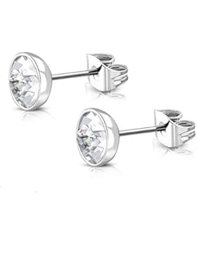 bkwear 2 Stück OS 55 bk3 Edelstahl Ohrstecker Zirkonia Strass Stein Weiß Kristall 7 mm Rund Ohrringe