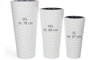 ‎MELTOM MELTOM Blumentopf Welle Slim Blumenkübel Rund Einsatz Pflanzgefäß 3D Effekt in Weiß Set 3: XL XXL 3XL