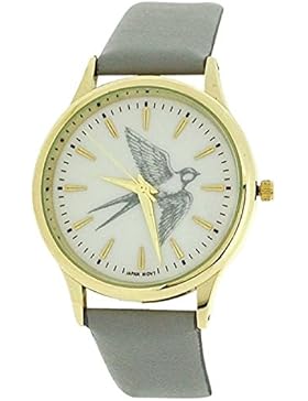 Reflex Damenuhr, weiße Schwalbe Zifferblatt, graues PU Armband Modeuhr REF0005