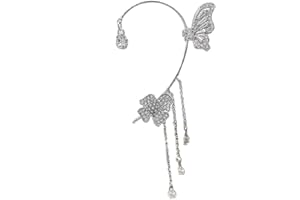 BSLVWG 2 pendientes de orejas, pendientes de puño de mariposa plateado pendientes de orejas de mariposa sin perforación pendientes de dama con borlas de flores