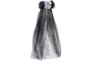 RUIXIA Ladies Day of the Dead Mesh Veil with Roses Garland Vintage Halloween Carnival Party Headband Fancy Dress Flowery Adults Costume Hairband Gothic Corpse Bride Veil Headpiece Head Buckle Wreath