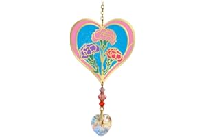 WILD THINGS Birthmonth Flower Sun-Catcher Mobile - Stained Glass Effect - Sparkling Crystal Heart Adorned - Embellished with Hand-Crafted Beadwork (January - Carnation)