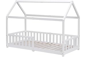 Homeke Pine Wood House Bed for Kids with Guardrail,Decorative Floor Bed, 3FT Single Bed Frame for Children Girls and Boys (white)