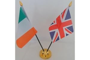 UKFLAGSHOP Ireland Tricolour Irish Union Jack 2 Flag Friendship Desktop Table Centrepiece Flag Flags With Gold Base Ideal For Party Conferences Office Display