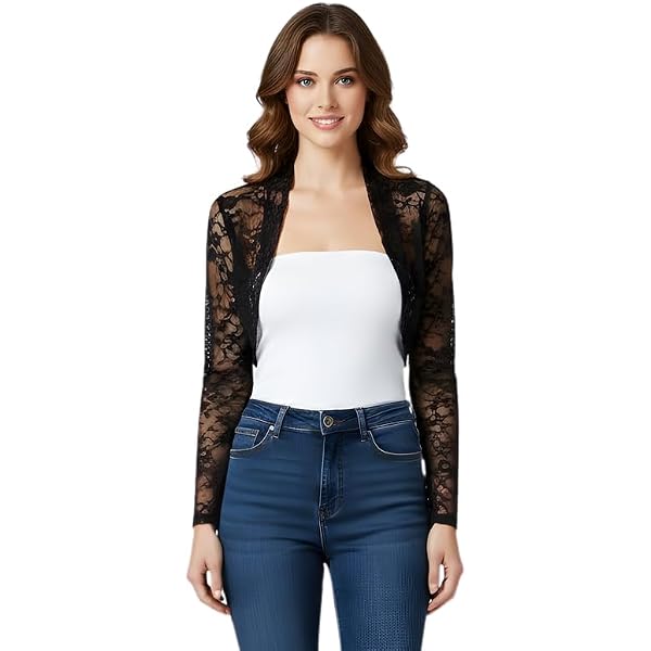 Allegra K Cardigan in Pizzo per Matrimonio da Sera da Donna, Manica a 3/4, Orlo con Volant. Elegante coprispalleNero XS