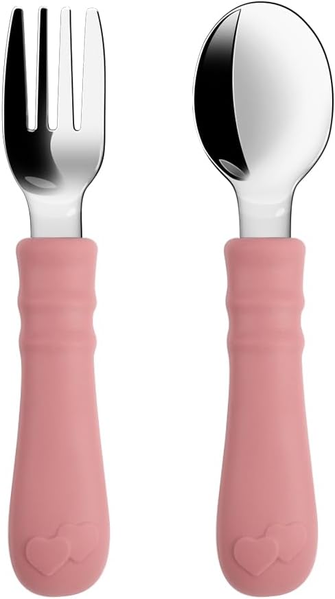 Silikon Saplı Paslanmaz Çelik Bebek Kaşık Çatal Seti (Pembe)