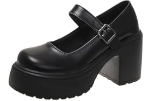 SWZEC Womens Mary Janes Chunky Lolita Retro Shallow Mouth PU Leather School Shoes Girls Platform Dress Sweet Buckle Goth Round Toe Pumps