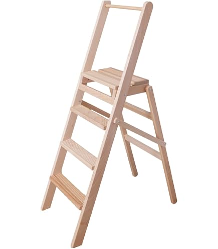 Sgabello Scala Marvin 3 Gradini In Legno Di Faggio, Pieghevole E Salvaspazio, Antiscivolo, Made In Italy, Portata 100 Kg