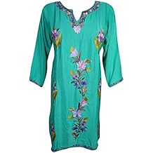 Mogul Interior Womans Aasha Tunic Kurta Dress Silk Fine Hand Embroidered Dresses Side Slit