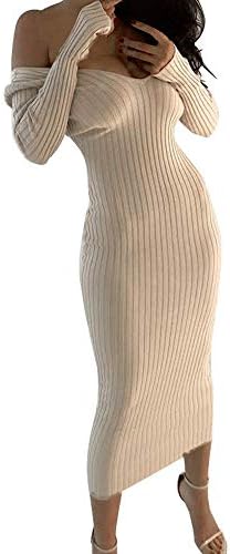 Stylish Women Long Dress Manadlian Women Autumn Sexy V Neck Solid Tight Off Shoulder Sweater Dress Long Sleeve Bodycon Maxi Dress