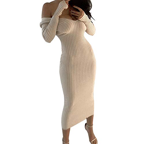 Stylish Women Long Dress Manadlian Women Autumn Sexy V Neck Solid Tight Off Shoulder Sweater Dress Long Sleeve Bodycon Maxi Dress