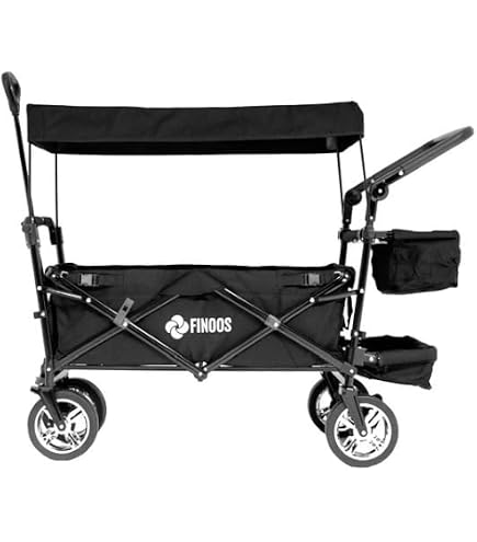 Garvee Chariot Enfant Pliable, Chariot de Jardin 4 Roues XXL pour 2-4 Enfants, Poussette à Tirer ou Pousser avec Frein à Pied & Toit UV, Compact pour Transport, Plage, Forêt