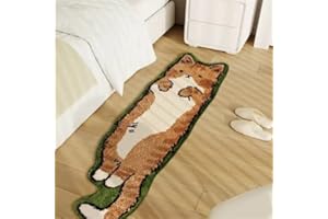 POPUPWAVE Tappeto per camera da letto, 40 x 120 cm, lavabile, carino e divertente, per bambini e animali domestici, moderno, con stampa bianca, forma irregolare (gatto con bordo verde, 40 x 120 cm)