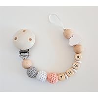 Schnullerkette mit Namen in Apricot, Weiß und Grau mit Wolke