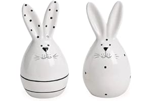 TEMPELWELT® Deko Figur Hase Osterhase im 2er Set je 11 cm, Keramik weiß schwarz Landhaus Stil, Dekofigur Osterei Ei mit Hasenohren, Osterdeko für Frühling Ostern