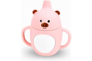 BabyGT Vaso Aprendizaje Bebe Silicona/Vaso bebe con Tapa antiderrame para beber. Vaso de entrenamiento con dos asas para bebes y niños pequeños 200ml (Cerdito)