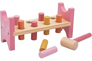 jumini Toy Wooden Hammer Bench - Pound a Peg with Wooden Hammer and 8 Wood Pegs - great Hammering Baby Toy Gift for Babies, 12months, 1, 2,3 and 4 Year Olds - Retro Pastel Colours (Pink Flower)