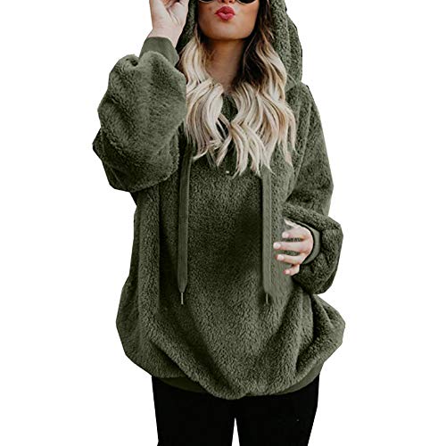 Tianya Womens Plush Tops, Ladies' Hooded Sweatshirt Coat Winter Warm Wool Zipper Pockets Cotton Coat Outwear Blouse Fashion Loose T-Shirt Pullover (Army Green, S)